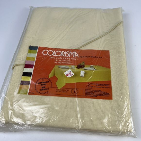 Vtg Oval Tablecloth Pale Yellow Cream Colorisma By Kemp & Beatley 60”X 105” NOS - Picture 1 of 9